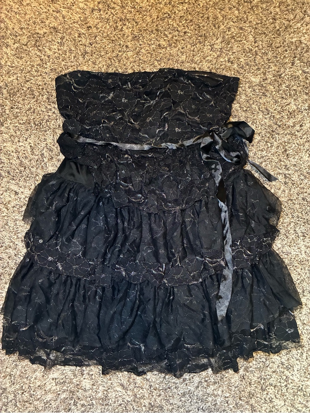 Vintage Y2K Deb Strapless Black Lace Tiered Mini Dress - Size 2X